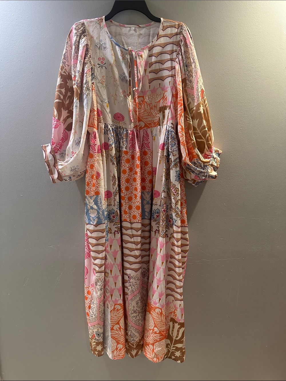 Patchwork Floral Boho Maxi Dress in Pink, Orange & Cream